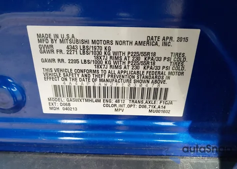 2015 Mitsubishi Outlander Sport Es z USA, uszkodzony, nr VIN 4A4AP3AW2FE030478